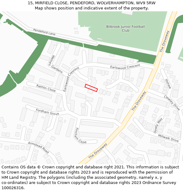 15, MIRFIELD CLOSE, PENDEFORD, WOLVERHAMPTON, WV9 5RW: Location map and indicative extent of plot