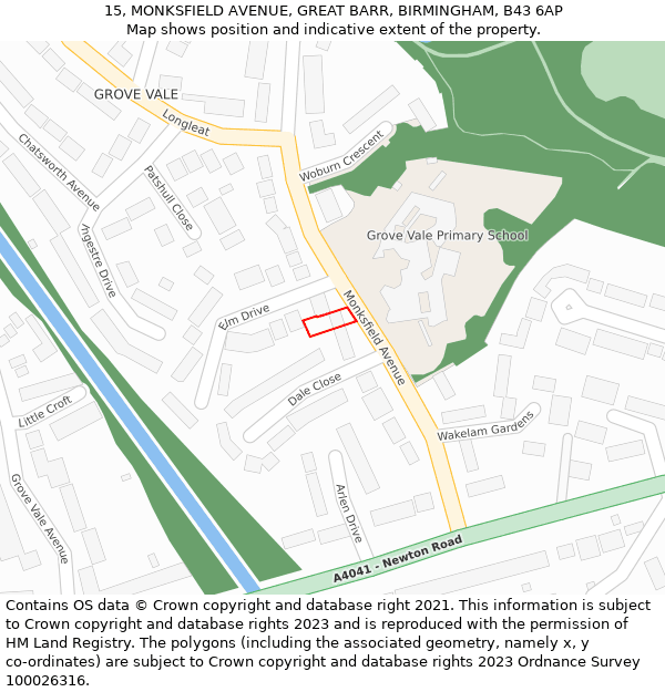 15, MONKSFIELD AVENUE, GREAT BARR, BIRMINGHAM, B43 6AP: Location map and indicative extent of plot
