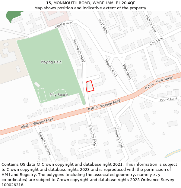 15, MONMOUTH ROAD, WAREHAM, BH20 4QF: Location map and indicative extent of plot