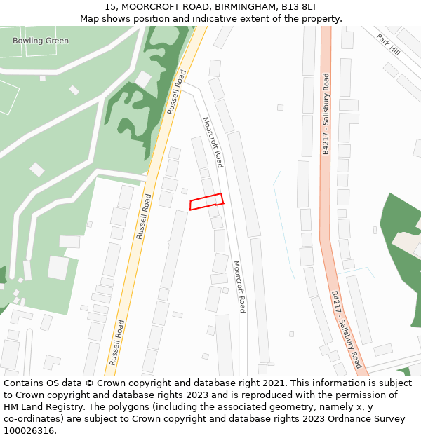 15, MOORCROFT ROAD, BIRMINGHAM, B13 8LT: Location map and indicative extent of plot