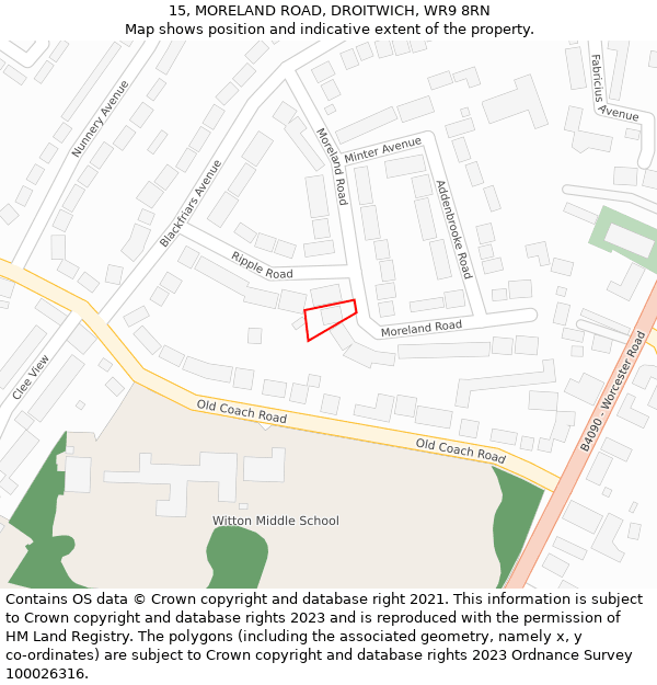 15, MORELAND ROAD, DROITWICH, WR9 8RN: Location map and indicative extent of plot
