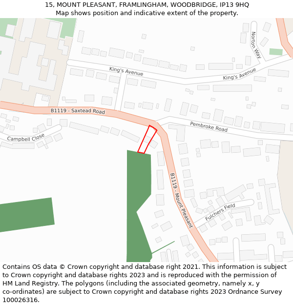 15, MOUNT PLEASANT, FRAMLINGHAM, WOODBRIDGE, IP13 9HQ: Location map and indicative extent of plot