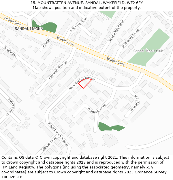 15, MOUNTBATTEN AVENUE, SANDAL, WAKEFIELD, WF2 6EY: Location map and indicative extent of plot