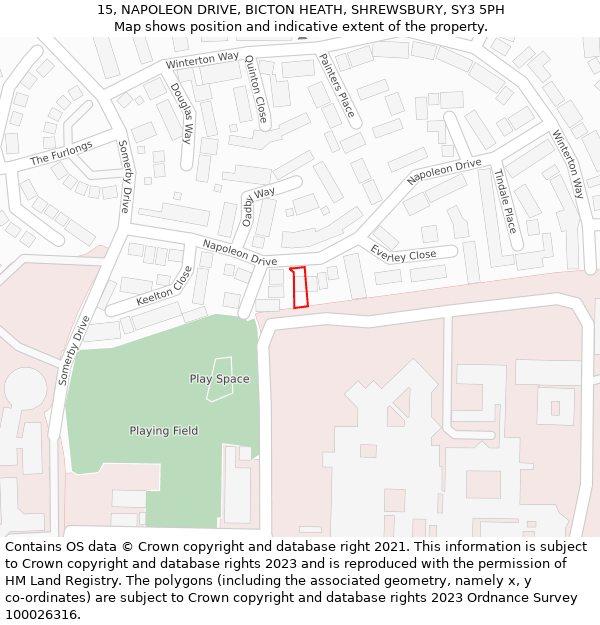 15, NAPOLEON DRIVE, BICTON HEATH, SHREWSBURY, SY3 5PH: Location map and indicative extent of plot