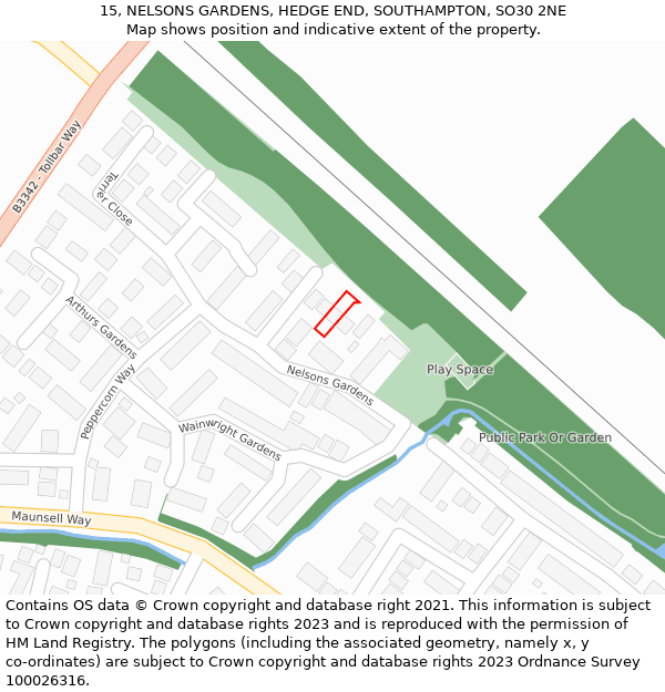 15, NELSONS GARDENS, HEDGE END, SOUTHAMPTON, SO30 2NE: Location map and indicative extent of plot