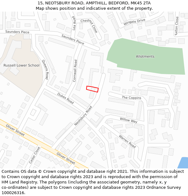 15, NEOTSBURY ROAD, AMPTHILL, BEDFORD, MK45 2TA: Location map and indicative extent of plot