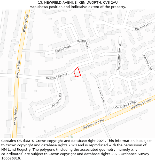 15, NEWFIELD AVENUE, KENILWORTH, CV8 2AU: Location map and indicative extent of plot