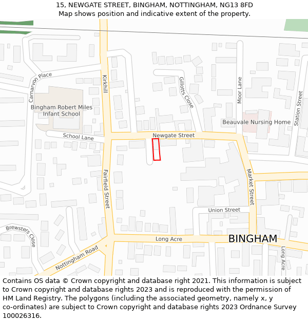 15, NEWGATE STREET, BINGHAM, NOTTINGHAM, NG13 8FD: Location map and indicative extent of plot
