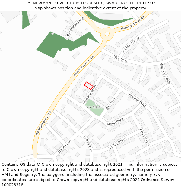 15, NEWMAN DRIVE, CHURCH GRESLEY, SWADLINCOTE, DE11 9RZ: Location map and indicative extent of plot