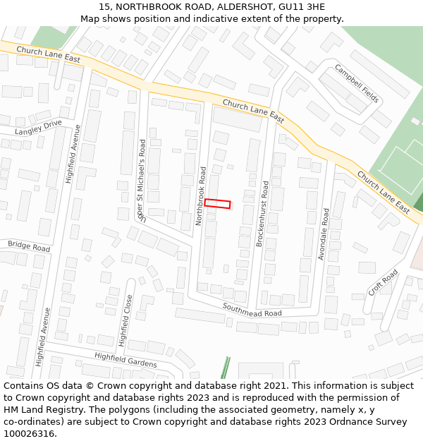15, NORTHBROOK ROAD, ALDERSHOT, GU11 3HE: Location map and indicative extent of plot