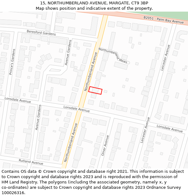 15, NORTHUMBERLAND AVENUE, MARGATE, CT9 3BP: Location map and indicative extent of plot