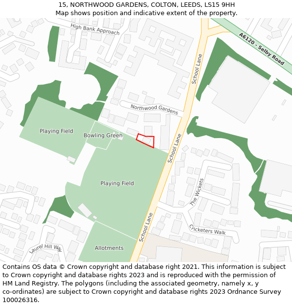 15, NORTHWOOD GARDENS, COLTON, LEEDS, LS15 9HH: Location map and indicative extent of plot