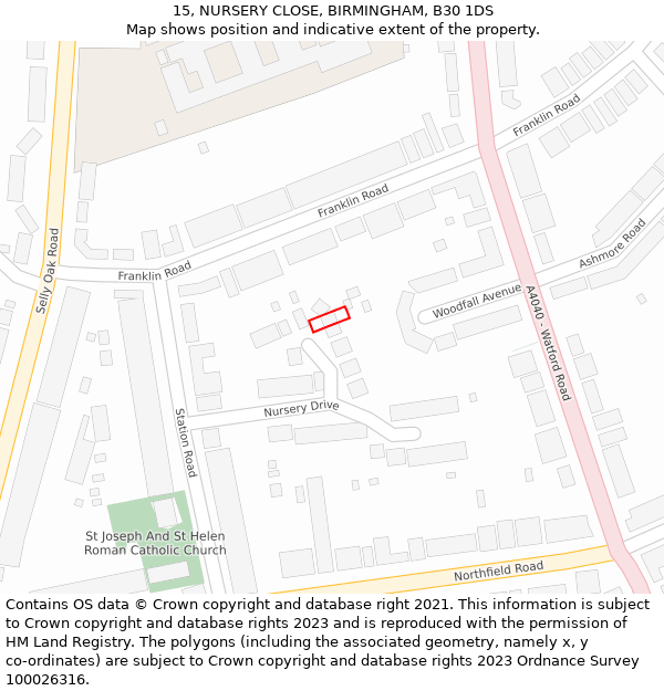 15, NURSERY CLOSE, BIRMINGHAM, B30 1DS: Location map and indicative extent of plot