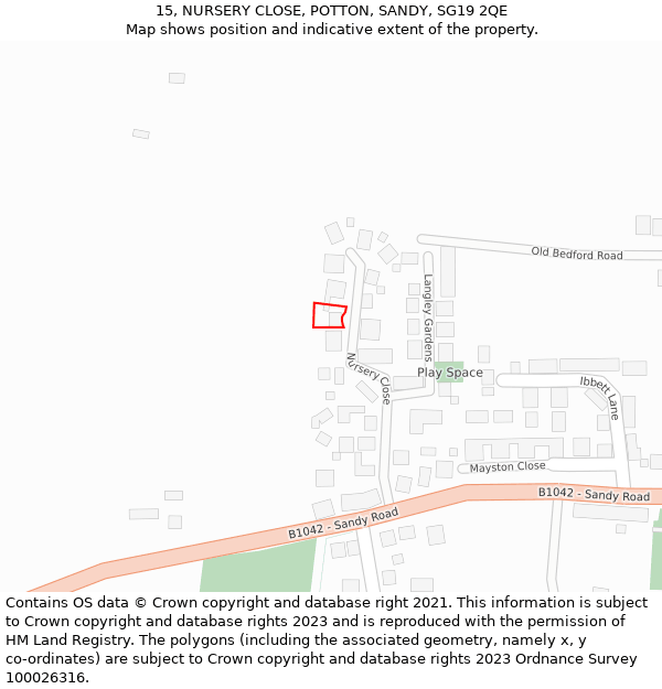 15, NURSERY CLOSE, POTTON, SANDY, SG19 2QE: Location map and indicative extent of plot