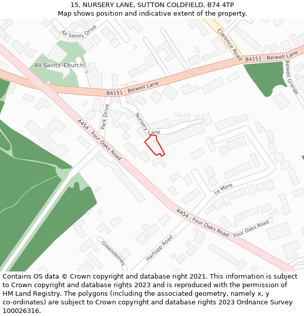 15, NURSERY LANE, SUTTON COLDFIELD, B74 4TP: Location map and indicative extent of plot