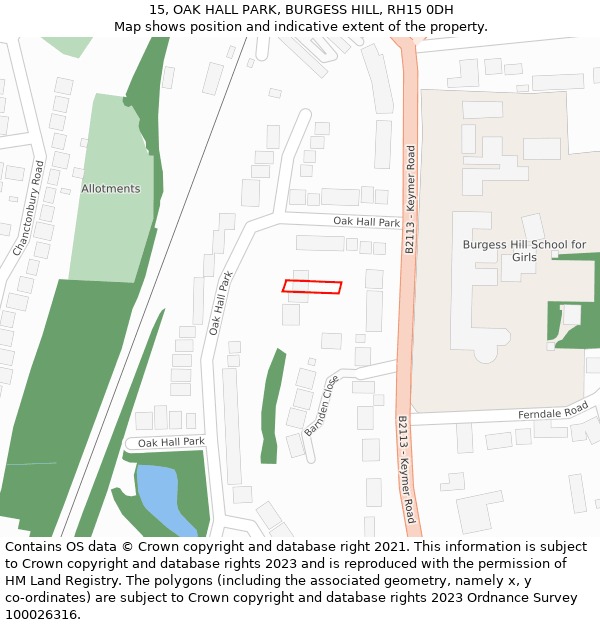 15, OAK HALL PARK, BURGESS HILL, RH15 0DH: Location map and indicative extent of plot