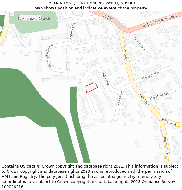 15, OAK LANE, HINGHAM, NORWICH, NR9 4JY: Location map and indicative extent of plot