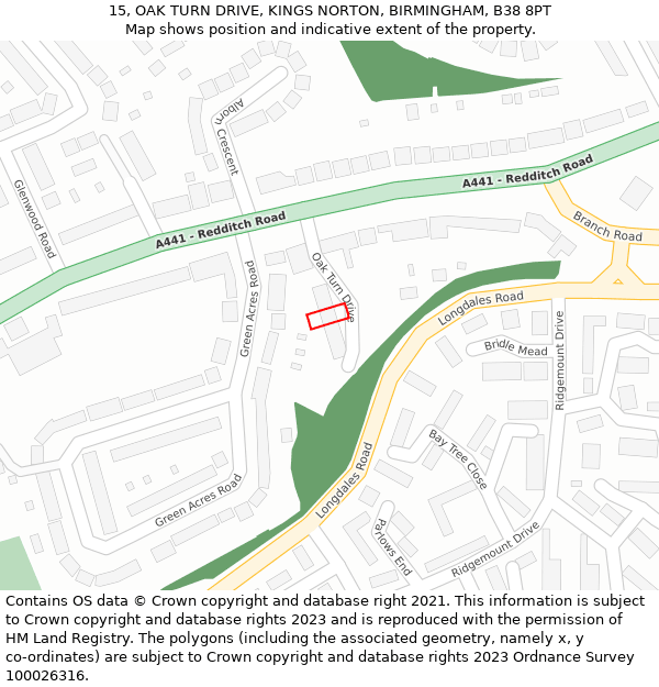 15, OAK TURN DRIVE, KINGS NORTON, BIRMINGHAM, B38 8PT: Location map and indicative extent of plot