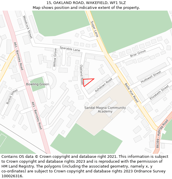 15, OAKLAND ROAD, WAKEFIELD, WF1 5LZ: Location map and indicative extent of plot