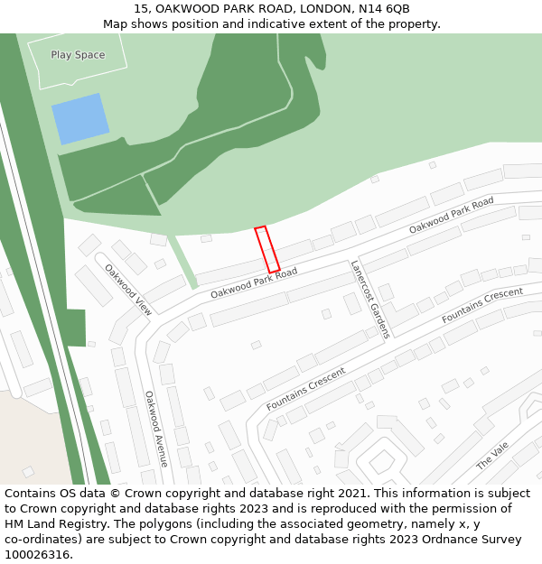 15, OAKWOOD PARK ROAD, LONDON, N14 6QB: Location map and indicative extent of plot