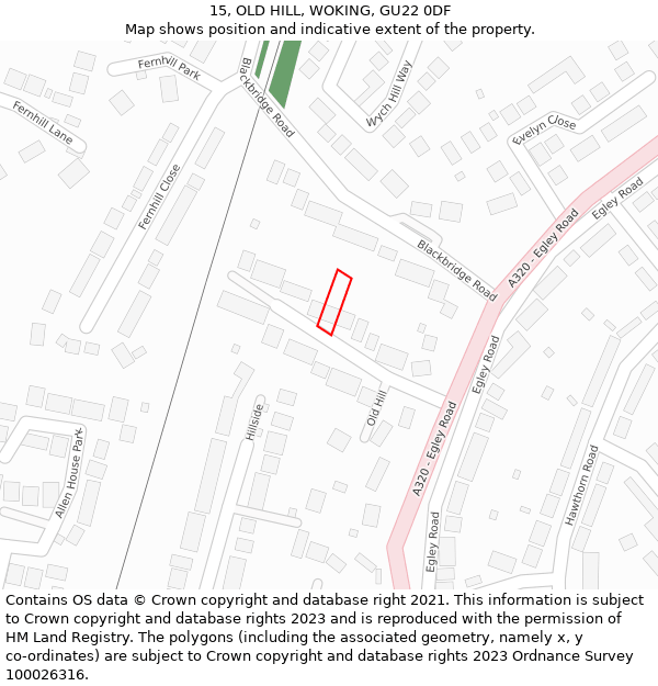 15, OLD HILL, WOKING, GU22 0DF: Location map and indicative extent of plot