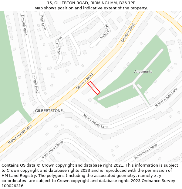 15, OLLERTON ROAD, BIRMINGHAM, B26 1PP: Location map and indicative extent of plot