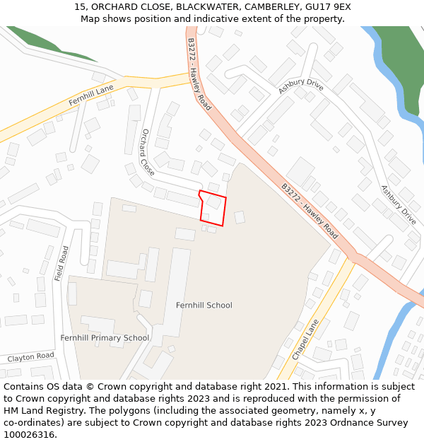 15, ORCHARD CLOSE, BLACKWATER, CAMBERLEY, GU17 9EX: Location map and indicative extent of plot