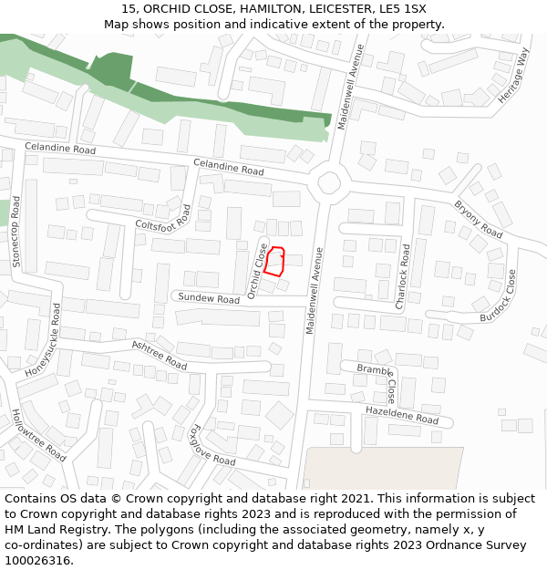 15, ORCHID CLOSE, HAMILTON, LEICESTER, LE5 1SX: Location map and indicative extent of plot