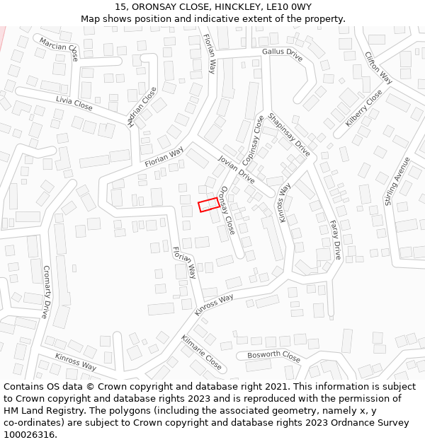 15, ORONSAY CLOSE, HINCKLEY, LE10 0WY: Location map and indicative extent of plot