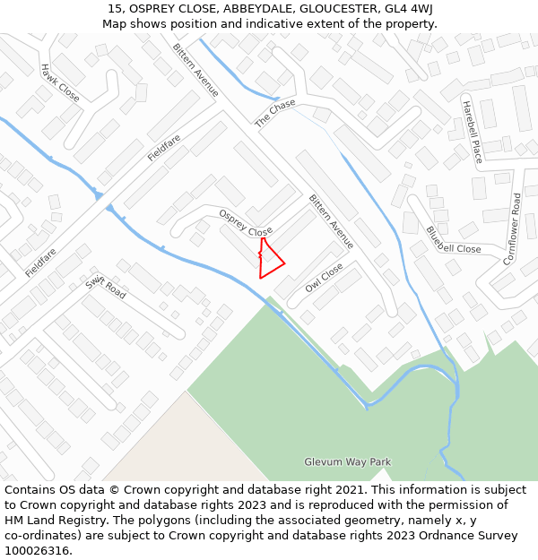 15, OSPREY CLOSE, ABBEYDALE, GLOUCESTER, GL4 4WJ: Location map and indicative extent of plot