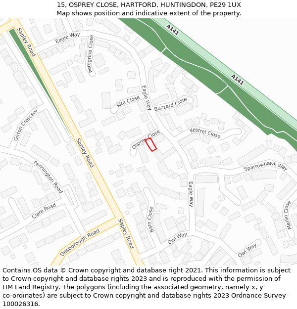 15, OSPREY CLOSE, HARTFORD, HUNTINGDON, PE29 1UX: Location map and indicative extent of plot