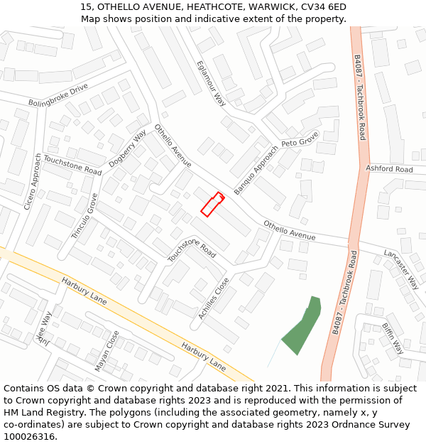 15, OTHELLO AVENUE, HEATHCOTE, WARWICK, CV34 6ED: Location map and indicative extent of plot