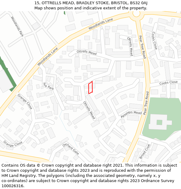 15, OTTRELLS MEAD, BRADLEY STOKE, BRISTOL, BS32 0AJ: Location map and indicative extent of plot