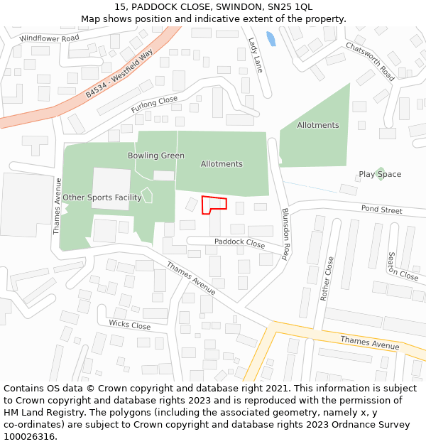 15, PADDOCK CLOSE, SWINDON, SN25 1QL: Location map and indicative extent of plot