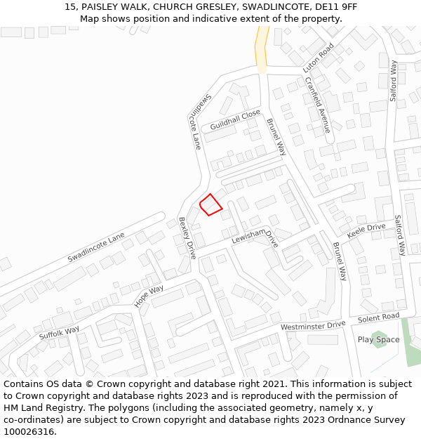 15, PAISLEY WALK, CHURCH GRESLEY, SWADLINCOTE, DE11 9FF: Location map and indicative extent of plot