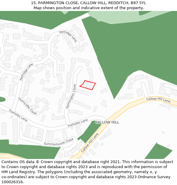 15, PARMINGTON CLOSE, CALLOW HILL, REDDITCH, B97 5YL: Location map and indicative extent of plot