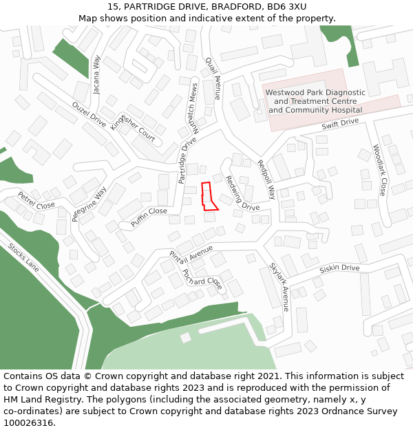 15, PARTRIDGE DRIVE, BRADFORD, BD6 3XU: Location map and indicative extent of plot