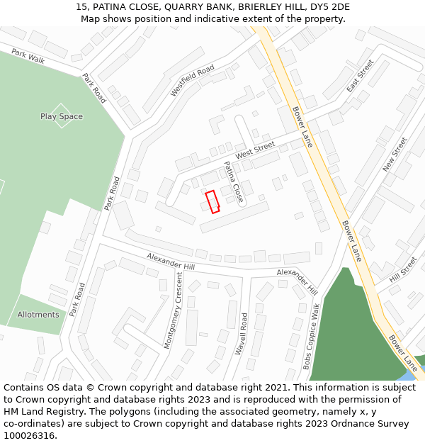 15, PATINA CLOSE, QUARRY BANK, BRIERLEY HILL, DY5 2DE: Location map and indicative extent of plot