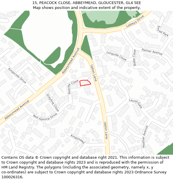 15, PEACOCK CLOSE, ABBEYMEAD, GLOUCESTER, GL4 5EE: Location map and indicative extent of plot