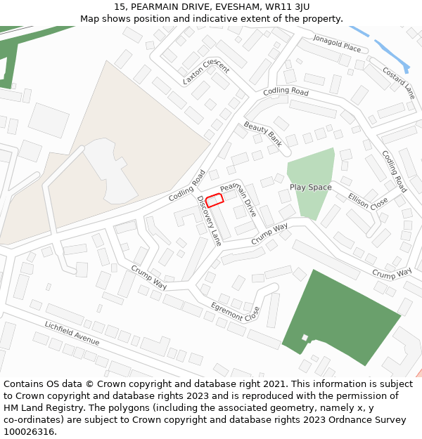 15, PEARMAIN DRIVE, EVESHAM, WR11 3JU: Location map and indicative extent of plot