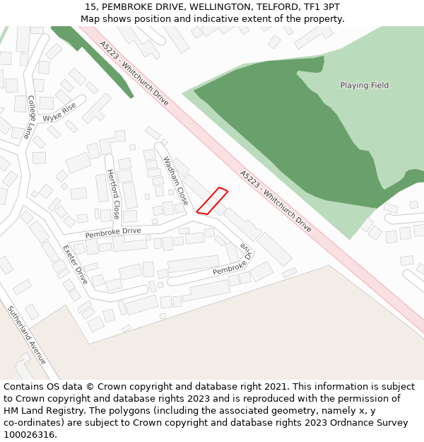 15, PEMBROKE DRIVE, WELLINGTON, TELFORD, TF1 3PT: Location map and indicative extent of plot