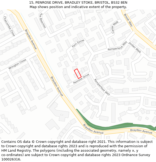 15, PENROSE DRIVE, BRADLEY STOKE, BRISTOL, BS32 8EN: Location map and indicative extent of plot