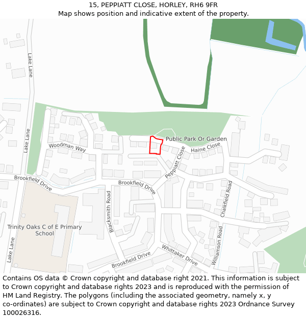 15, PEPPIATT CLOSE, HORLEY, RH6 9FR: Location map and indicative extent of plot