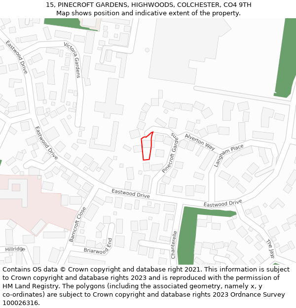 15, PINECROFT GARDENS, HIGHWOODS, COLCHESTER, CO4 9TH: Location map and indicative extent of plot