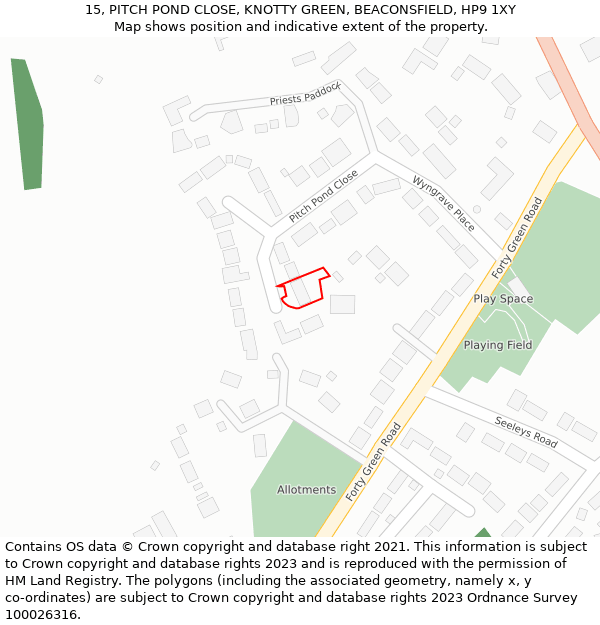 15, PITCH POND CLOSE, KNOTTY GREEN, BEACONSFIELD, HP9 1XY: Location map and indicative extent of plot