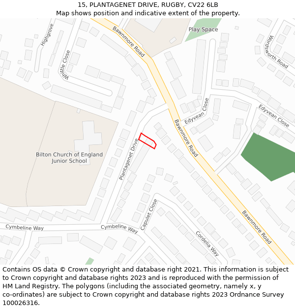 15, PLANTAGENET DRIVE, RUGBY, CV22 6LB: Location map and indicative extent of plot