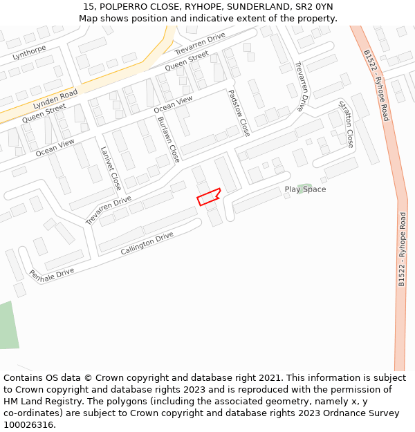 15, POLPERRO CLOSE, RYHOPE, SUNDERLAND, SR2 0YN: Location map and indicative extent of plot