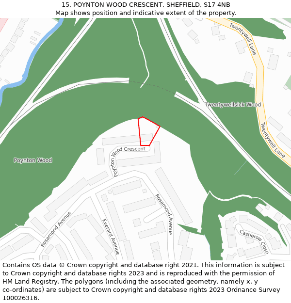 15, POYNTON WOOD CRESCENT, SHEFFIELD, S17 4NB: Location map and indicative extent of plot