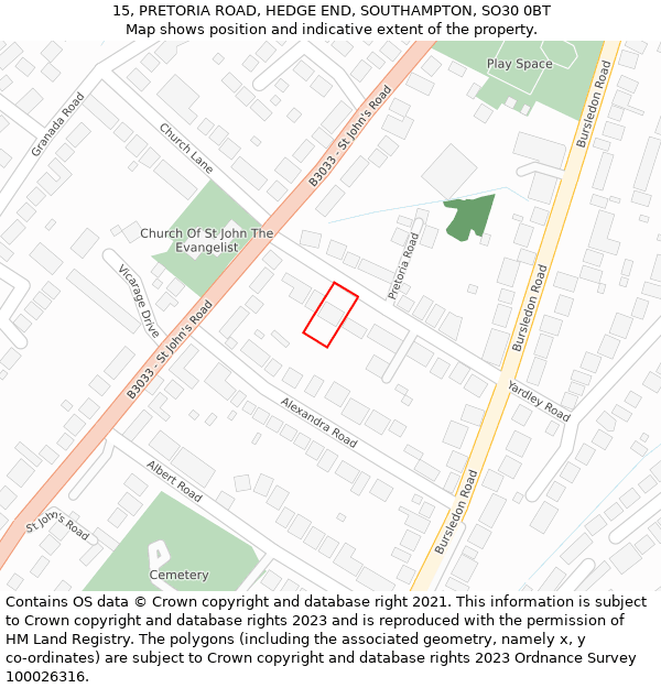 15, PRETORIA ROAD, HEDGE END, SOUTHAMPTON, SO30 0BT: Location map and indicative extent of plot