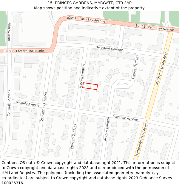 15, PRINCES GARDENS, MARGATE, CT9 3AP: Location map and indicative extent of plot